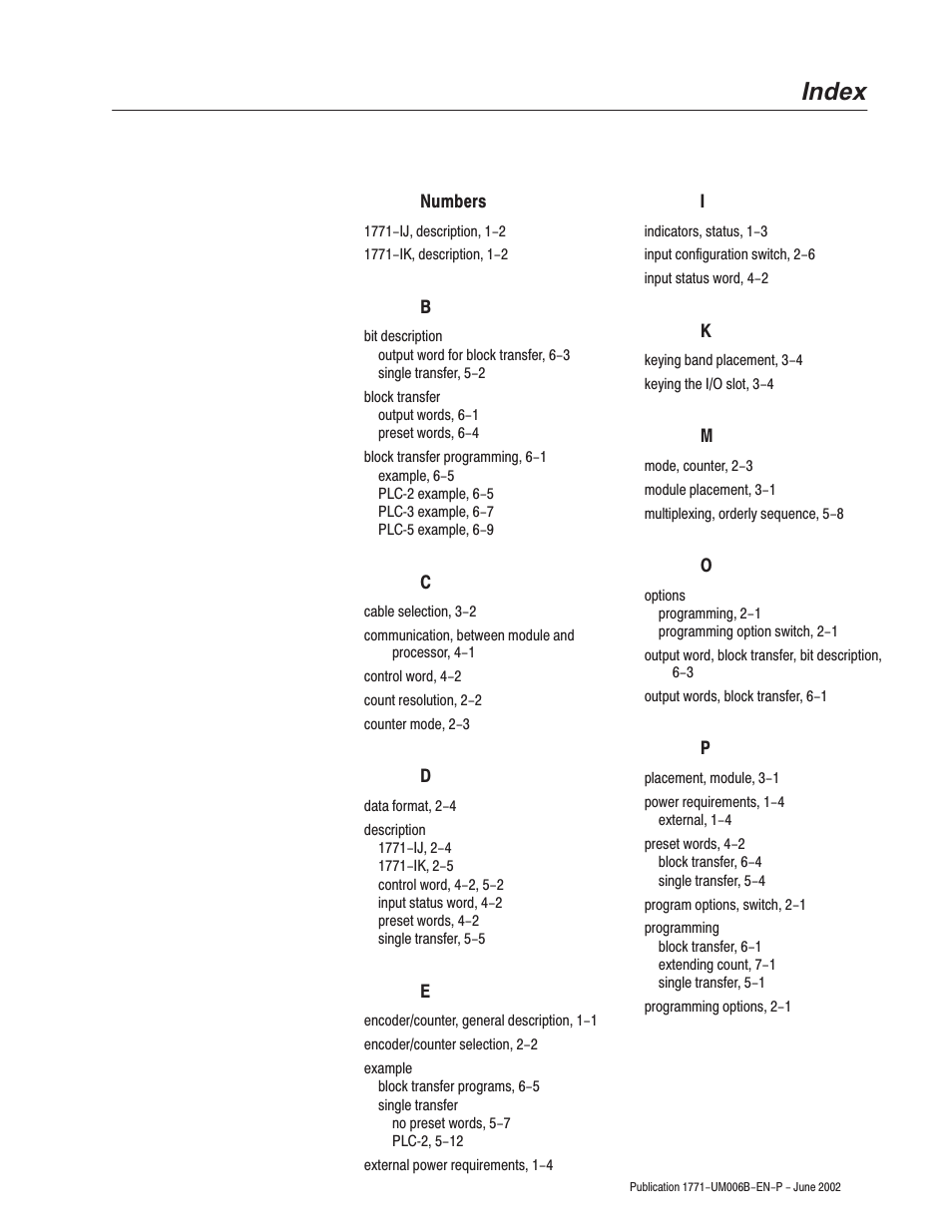 Index | Rockwell Automation 1771-IJ_IK IK ENCODER/COUNTER MODULES User Manual | Page 63 / 68