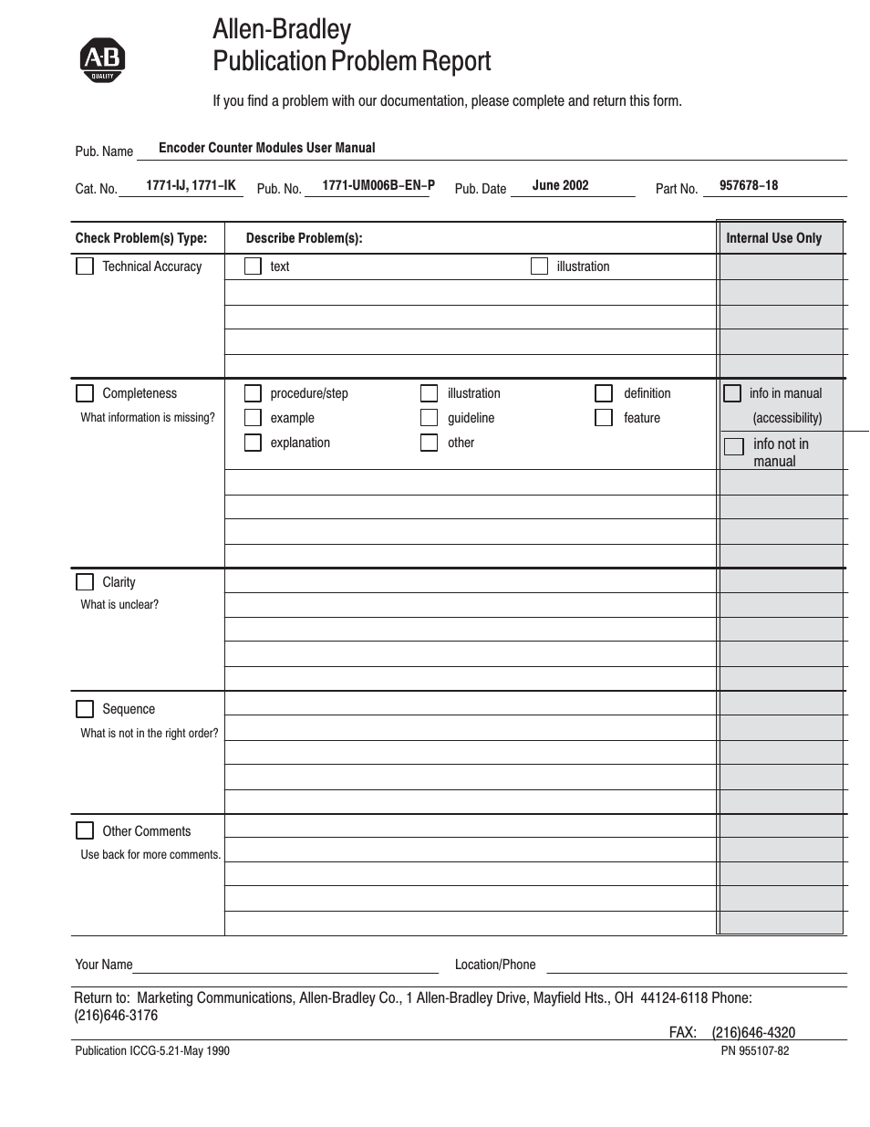 Allenćbradley publication problem report | Rockwell Automation 1771-IJ_IK IK ENCODER/COUNTER MODULES User Manual | Page 65 / 68