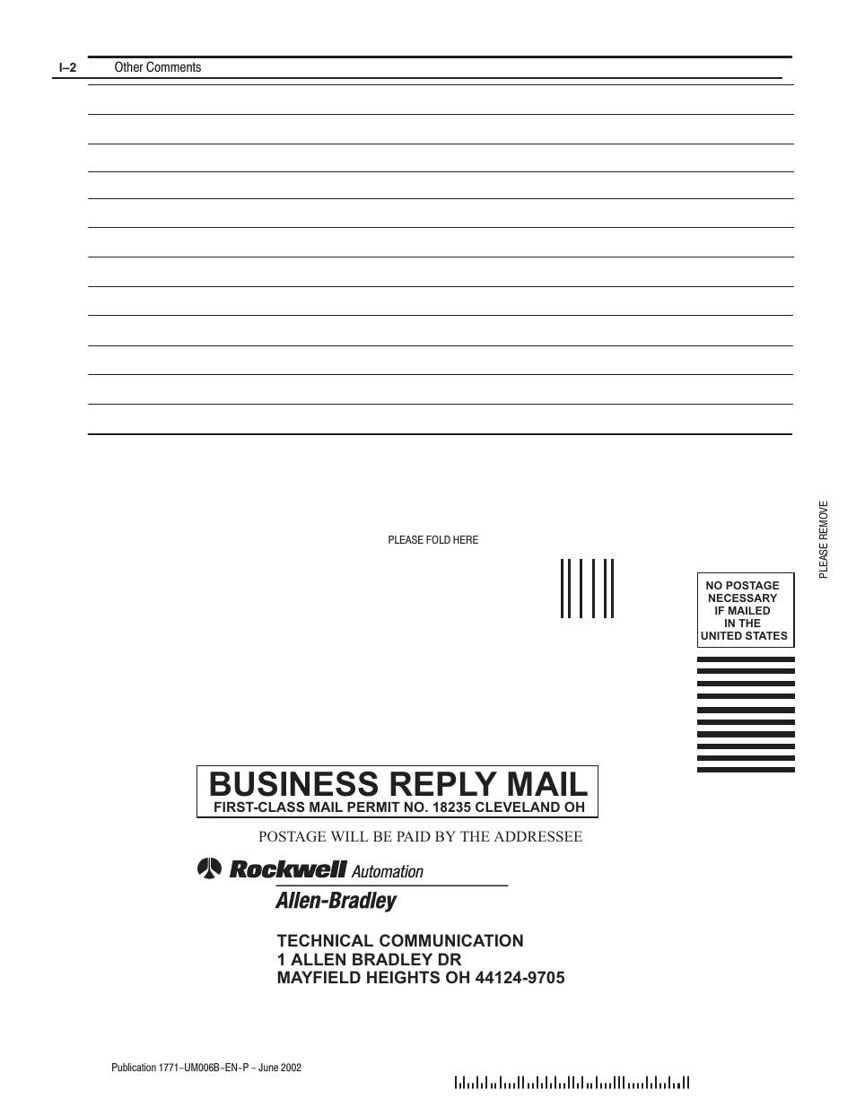 Business reply mail | Rockwell Automation 1771-IJ_IK IK ENCODER/COUNTER MODULES User Manual | Page 66 / 68