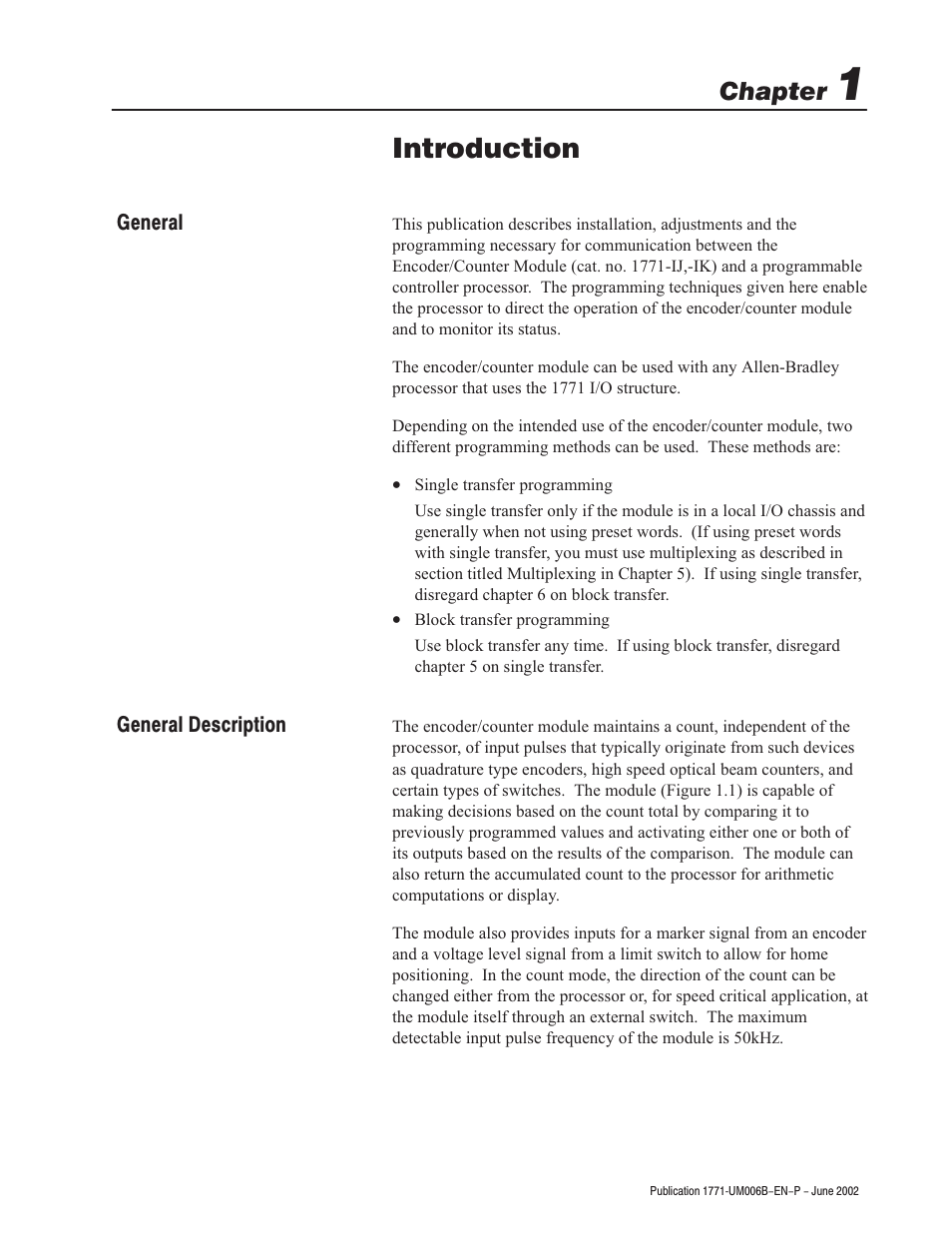 Introduction, Chapter | Rockwell Automation 1771-IJ_IK IK ENCODER/COUNTER MODULES User Manual | Page 9 / 68