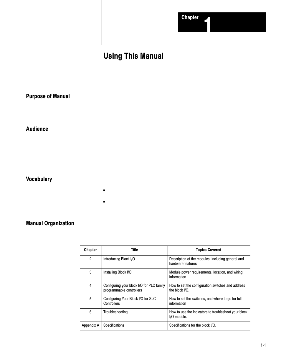 1 - using this manual, Purpose of manual, Audience | Vocabulary, Manual organization, Using this manual | Rockwell Automation 1791-IOBB USER MANUAL User Manual | Page 6 / 36