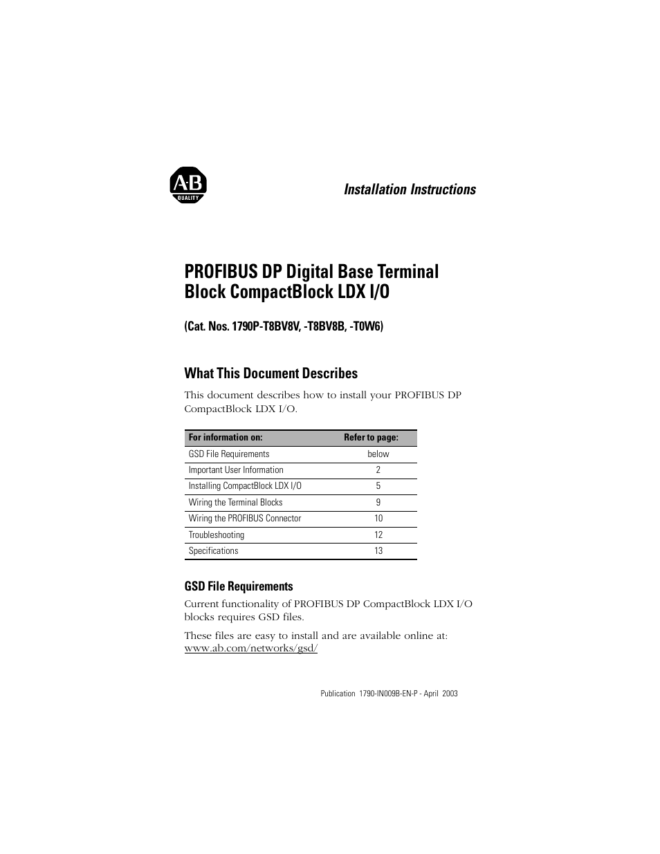 Rockwell Automation 1790P-T8BV8B Profibus DP Digital Base Terminal Block Compact Block LDX I/O I.I. User Manual | 20 pages