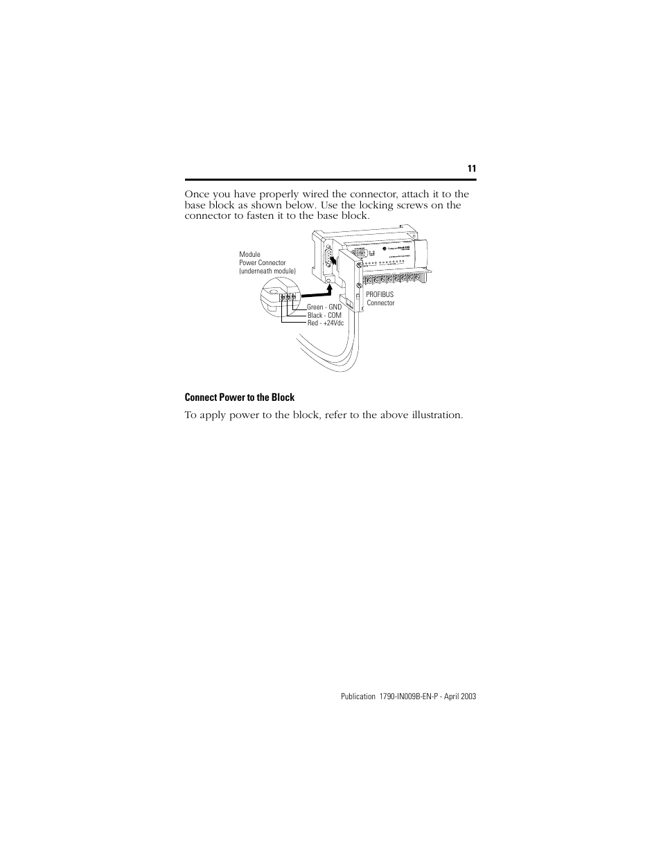 Connect power to the block | Rockwell Automation 1790P-T8BV8B Profibus DP Digital Base Terminal Block Compact Block LDX I/O I.I. User Manual | Page 11 / 20