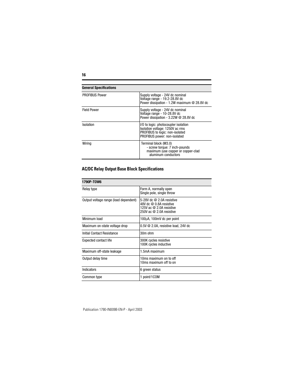 Rockwell Automation 1790P-T8BV8B Profibus DP Digital Base Terminal Block Compact Block LDX I/O I.I. User Manual | Page 16 / 20