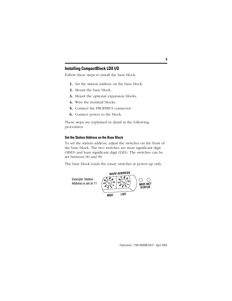 Installing compactblock ldx i/o, Set the station address on the base block | Rockwell Automation 1790P-T8BV8B Profibus DP Digital Base Terminal Block Compact Block LDX I/O I.I. User Manual | Page 5 / 20