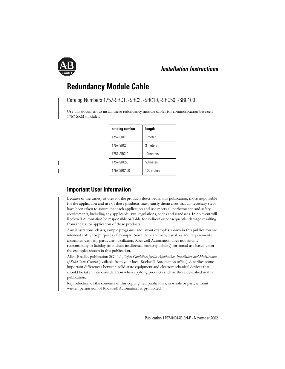 Rockwell Automation 1757-SRC1_3_10_50_100 ProcessLogix Redundancy Module Cable Installation Instructions User Manual | 4 pages