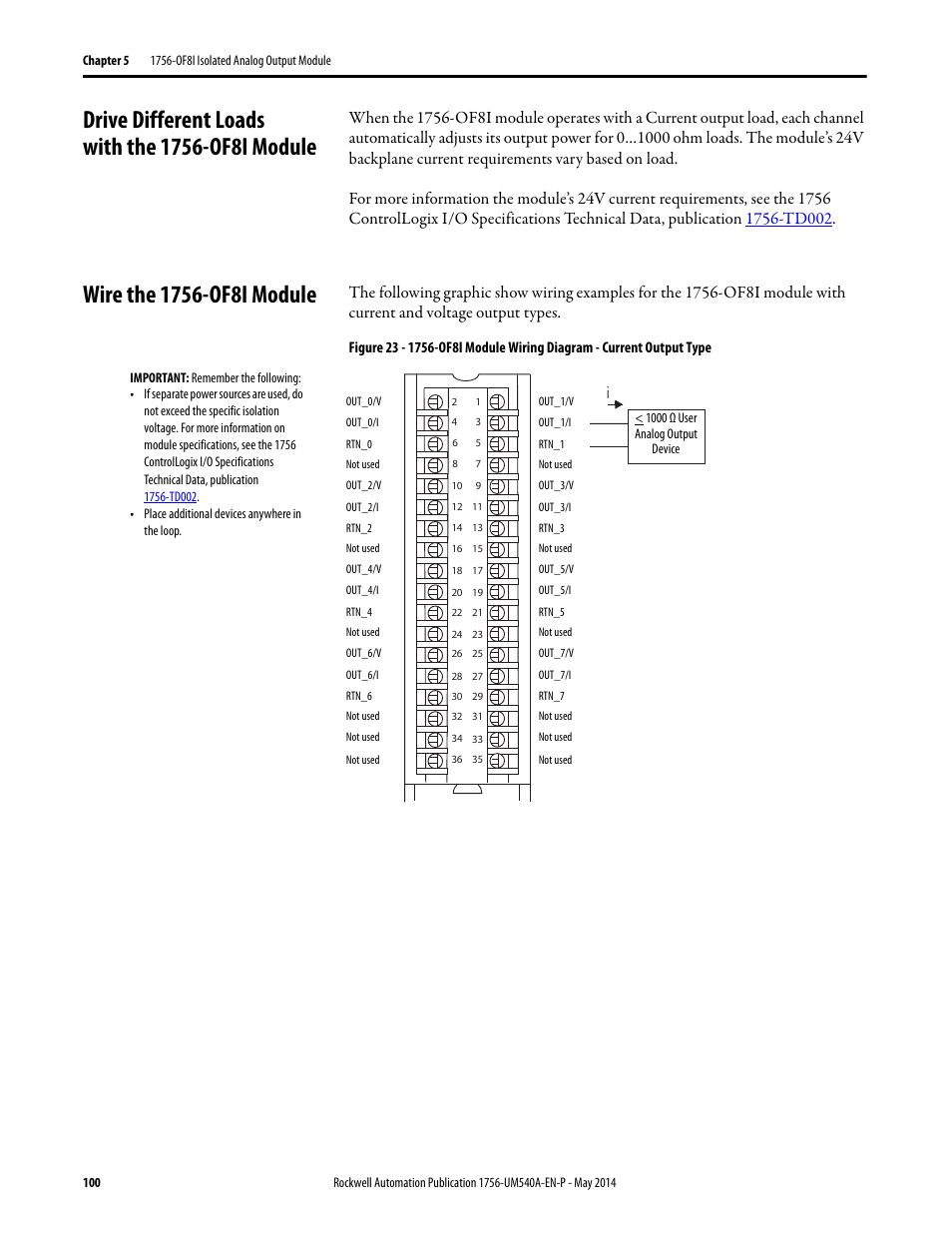Drive different loads with the 1756-of8i module, Wire the 1756-of8i module | Rockwell Automation 1756-OF8I ControlLogix Eight-channel Isolated Analog I/O Modules  User Manual | Page 100 / 208