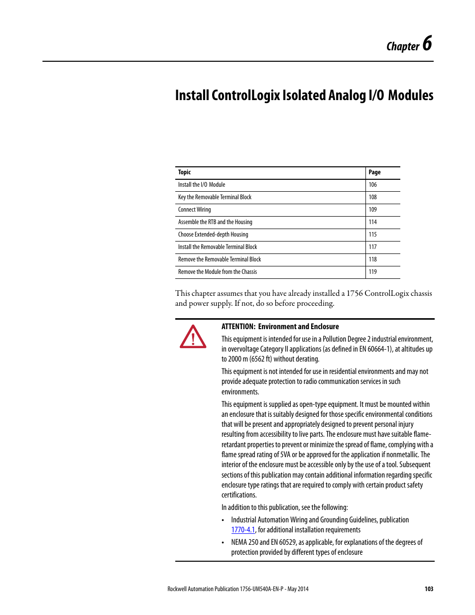 Chapter 6, Install controllogix isolated analog i/o modules, Chapter | Rockwell Automation 1756-OF8I ControlLogix Eight-channel Isolated Analog I/O Modules  User Manual | Page 103 / 208