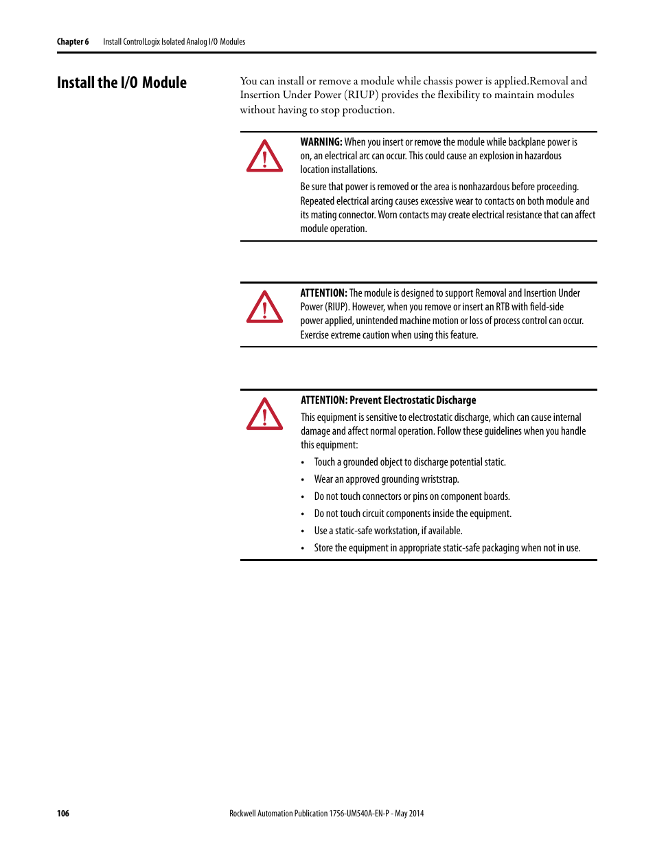 Install the i/o module | Rockwell Automation 1756-OF8I ControlLogix Eight-channel Isolated Analog I/O Modules  User Manual | Page 106 / 208