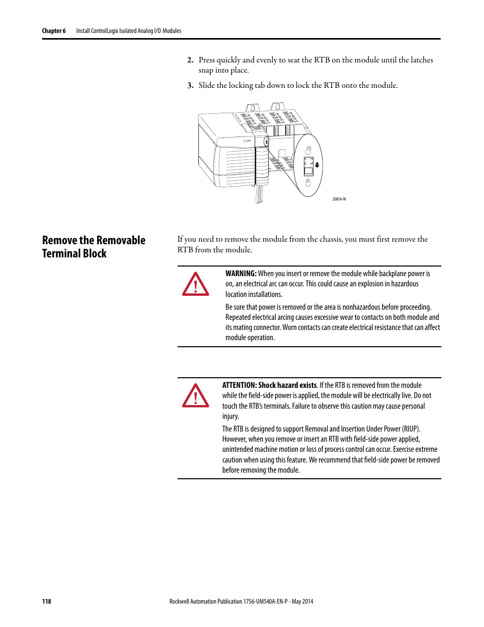 Remove the removable terminal block | Rockwell Automation 1756-OF8I ControlLogix Eight-channel Isolated Analog I/O Modules  User Manual | Page 118 / 208