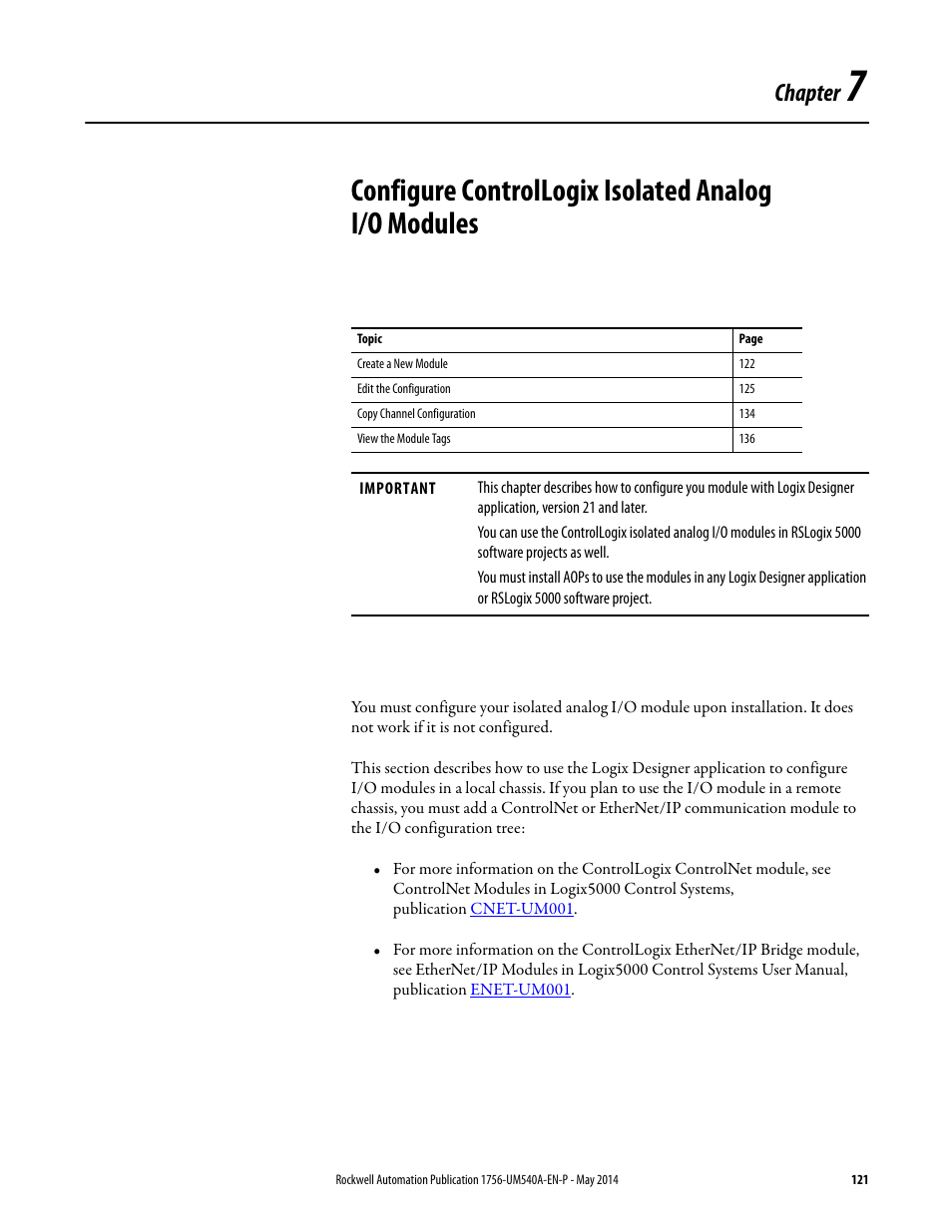 Chapter 7, Configure controllogix isolated analogi/o modules, Configure controllogix isolated analog i/o modules | Chapter | Rockwell Automation 1756-OF8I ControlLogix Eight-channel Isolated Analog I/O Modules  User Manual | Page 121 / 208