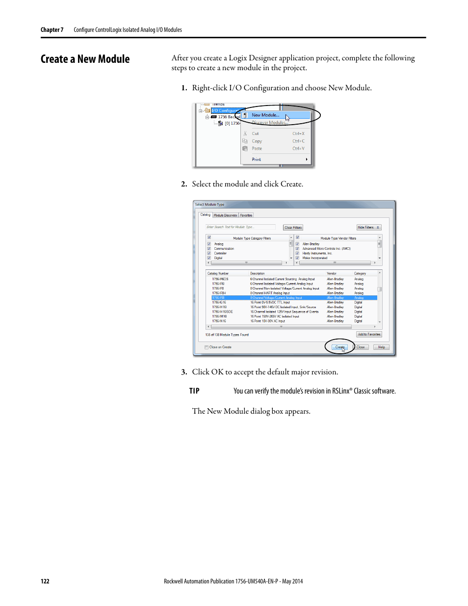 Create a new module | Rockwell Automation 1756-OF8I ControlLogix Eight-channel Isolated Analog I/O Modules  User Manual | Page 122 / 208
