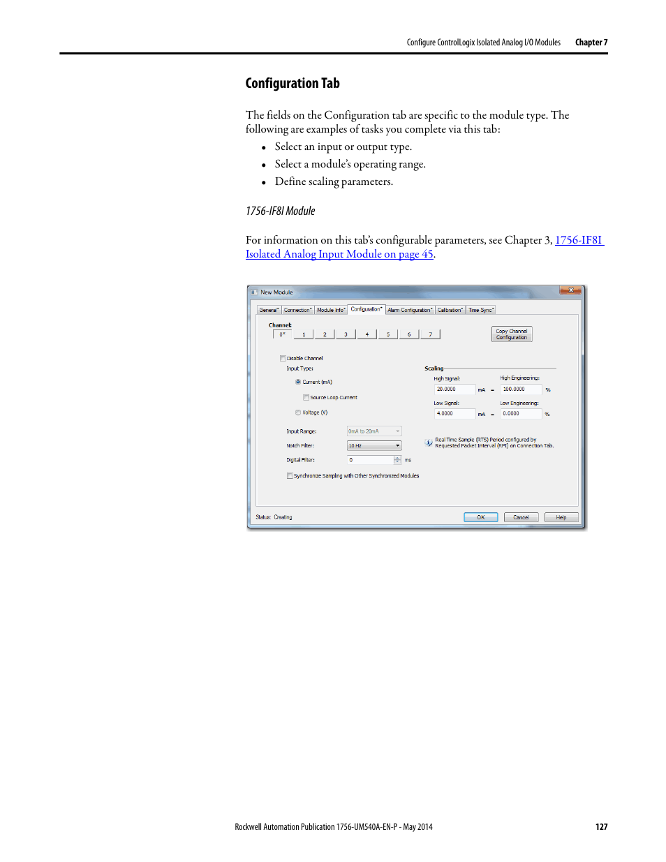 Configuration tab | Rockwell Automation 1756-OF8I ControlLogix Eight-channel Isolated Analog I/O Modules  User Manual | Page 127 / 208
