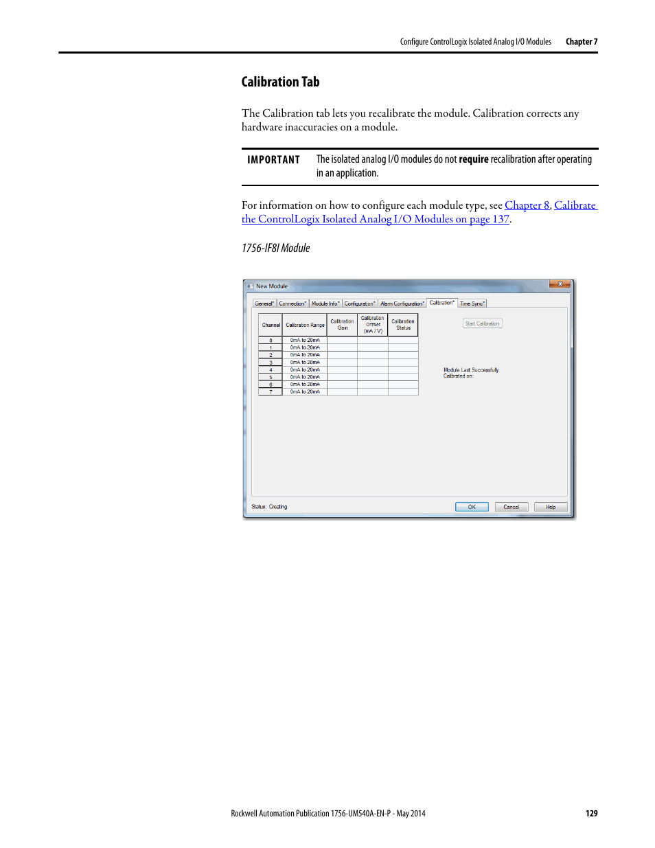 Calibration tab | Rockwell Automation 1756-OF8I ControlLogix Eight-channel Isolated Analog I/O Modules  User Manual | Page 129 / 208
