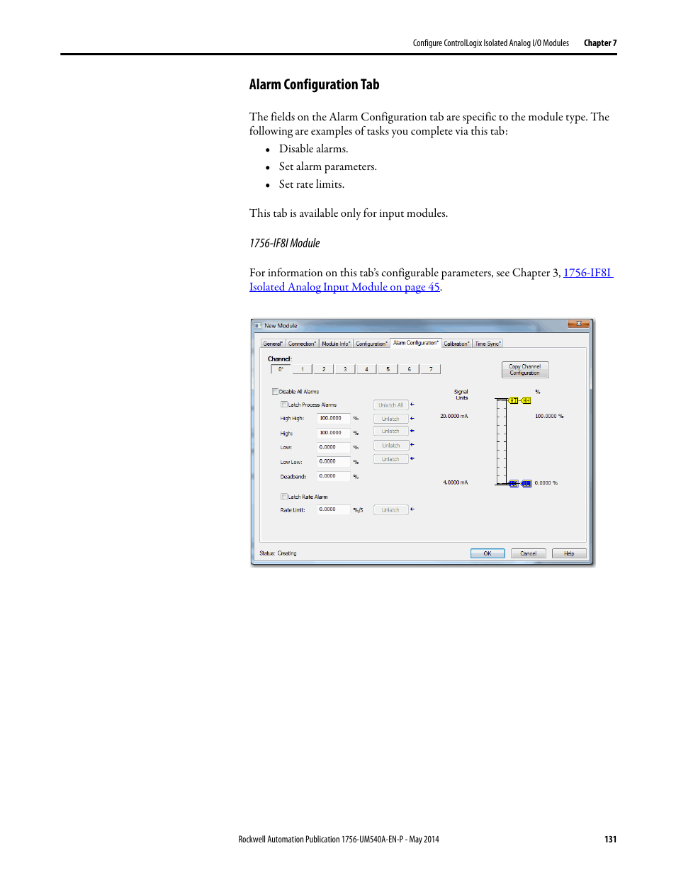 Alarm configuration tab | Rockwell Automation 1756-OF8I ControlLogix Eight-channel Isolated Analog I/O Modules  User Manual | Page 131 / 208