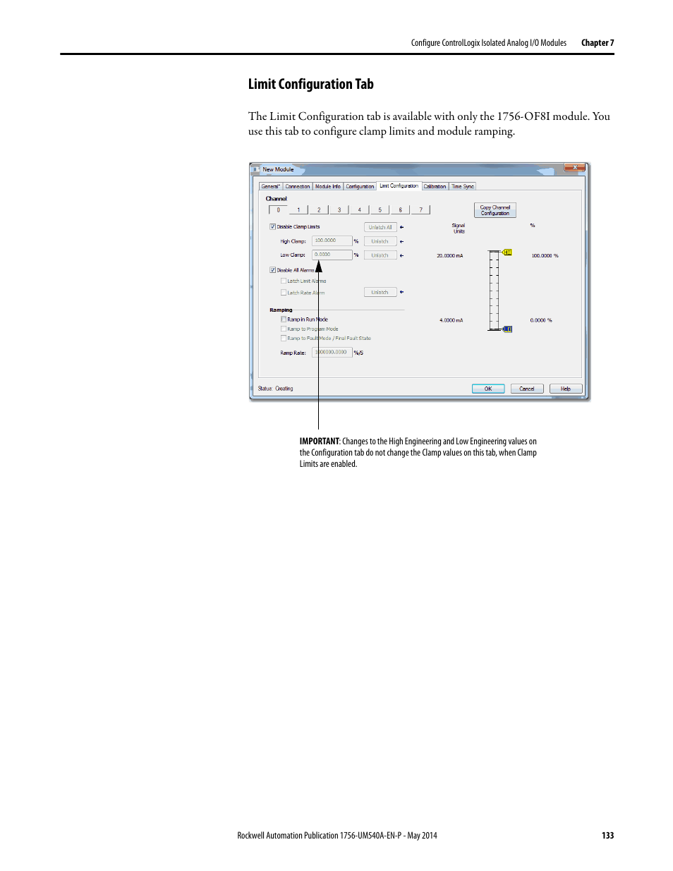 Limit configuration tab | Rockwell Automation 1756-OF8I ControlLogix Eight-channel Isolated Analog I/O Modules  User Manual | Page 133 / 208
