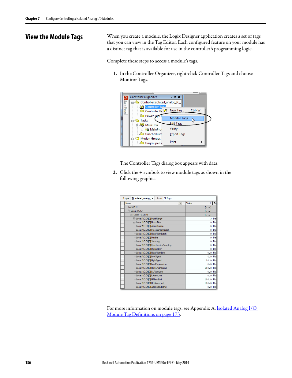 View the module tags | Rockwell Automation 1756-OF8I ControlLogix Eight-channel Isolated Analog I/O Modules  User Manual | Page 136 / 208