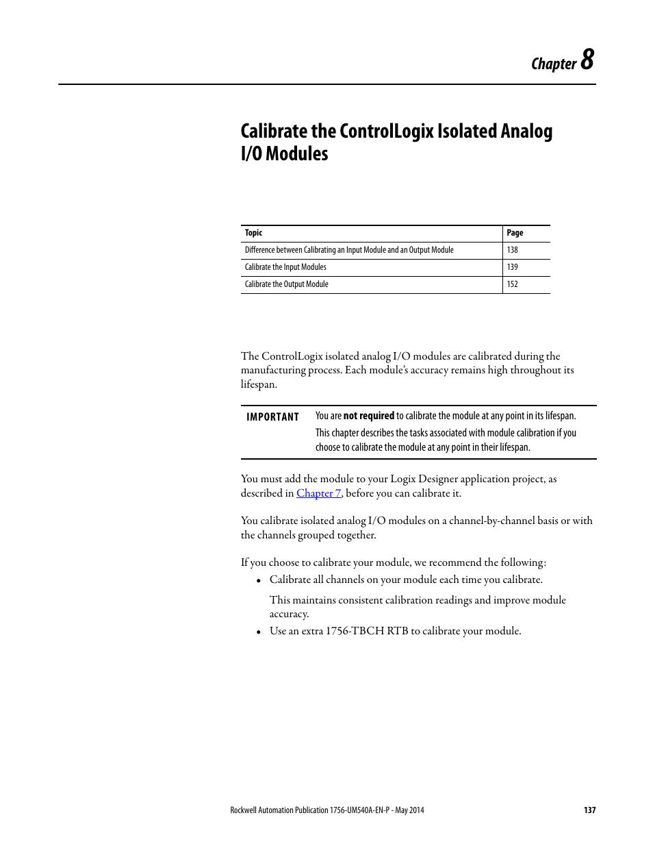 Chapter 8, Calibrate the, Calibrate | Chapter | Rockwell Automation 1756-OF8I ControlLogix Eight-channel Isolated Analog I/O Modules  User Manual | Page 137 / 208