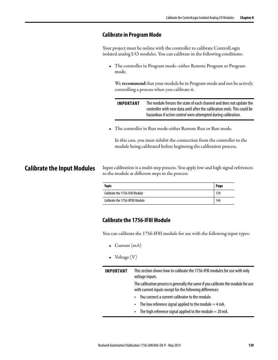 Calibrate in program mode, Calibrate the input modules, Calibrate the 1756-if8i module | Rockwell Automation 1756-OF8I ControlLogix Eight-channel Isolated Analog I/O Modules  User Manual | Page 139 / 208