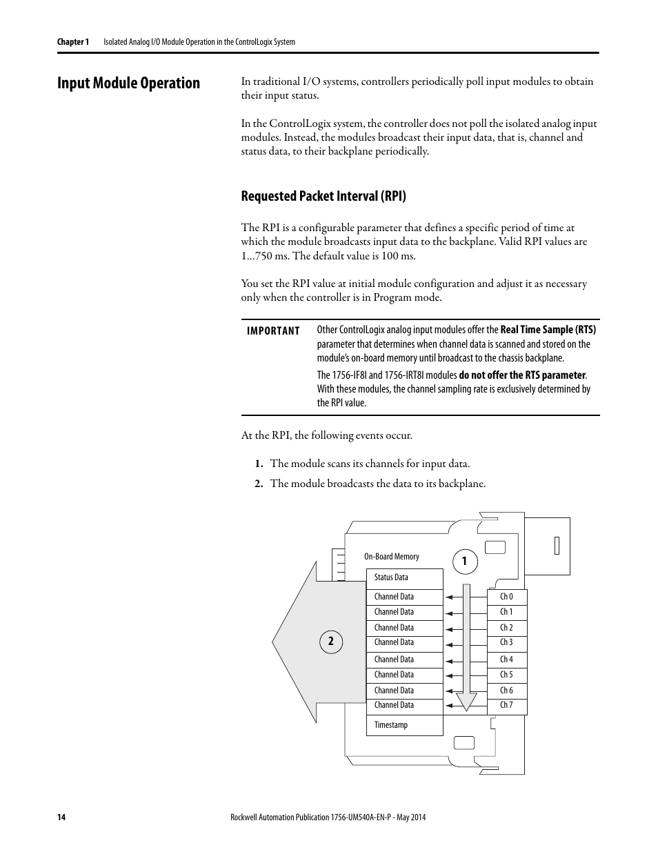 Input module operation, Requested packet interval (rpi) | Rockwell Automation 1756-OF8I ControlLogix Eight-channel Isolated Analog I/O Modules  User Manual | Page 14 / 208