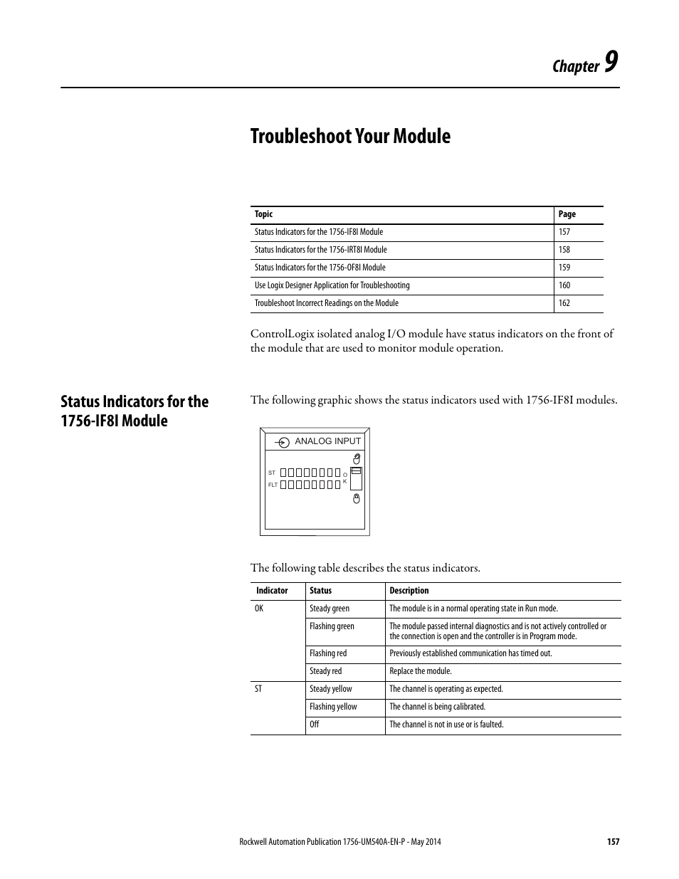 9 - troubleshoot your module, Status indicators for the 1756-if8i module, Chapter 9 | Troubleshoot your module, Chapter | Rockwell Automation 1756-OF8I ControlLogix Eight-channel Isolated Analog I/O Modules  User Manual | Page 157 / 208