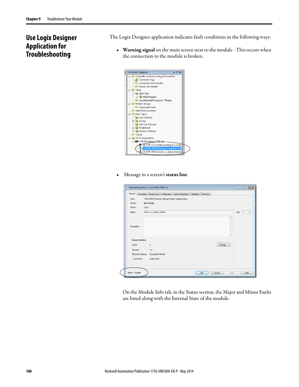 Use logix designer application for troubleshooting | Rockwell Automation 1756-OF8I ControlLogix Eight-channel Isolated Analog I/O Modules  User Manual | Page 160 / 208