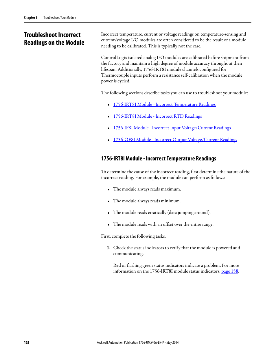 Troubleshoot incorrect readings on the module, 1756-irt8i module - incorrect temperature readings | Rockwell Automation 1756-OF8I ControlLogix Eight-channel Isolated Analog I/O Modules  User Manual | Page 162 / 208