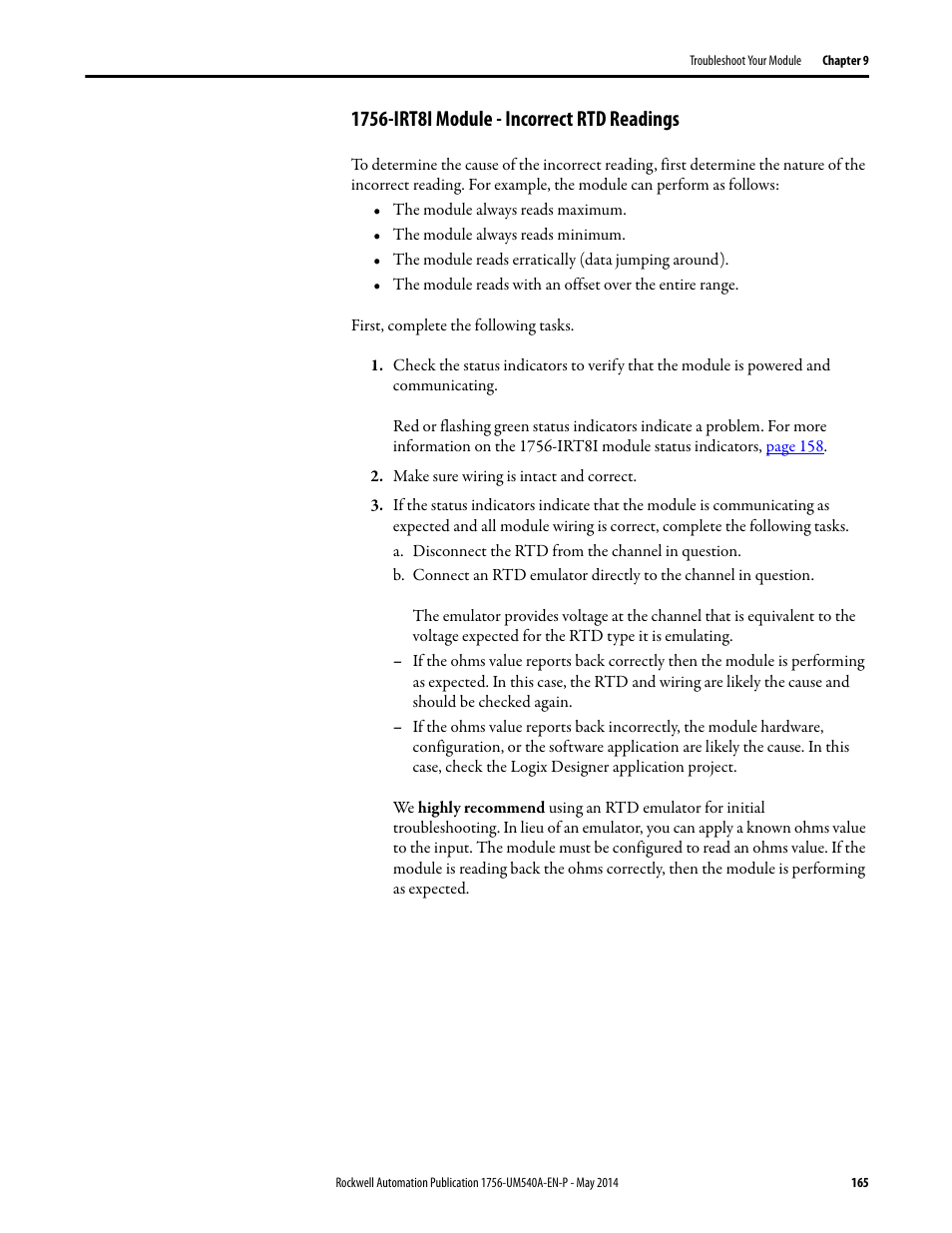 1756-irt8i module - incorrect rtd readings | Rockwell Automation 1756-OF8I ControlLogix Eight-channel Isolated Analog I/O Modules  User Manual | Page 165 / 208