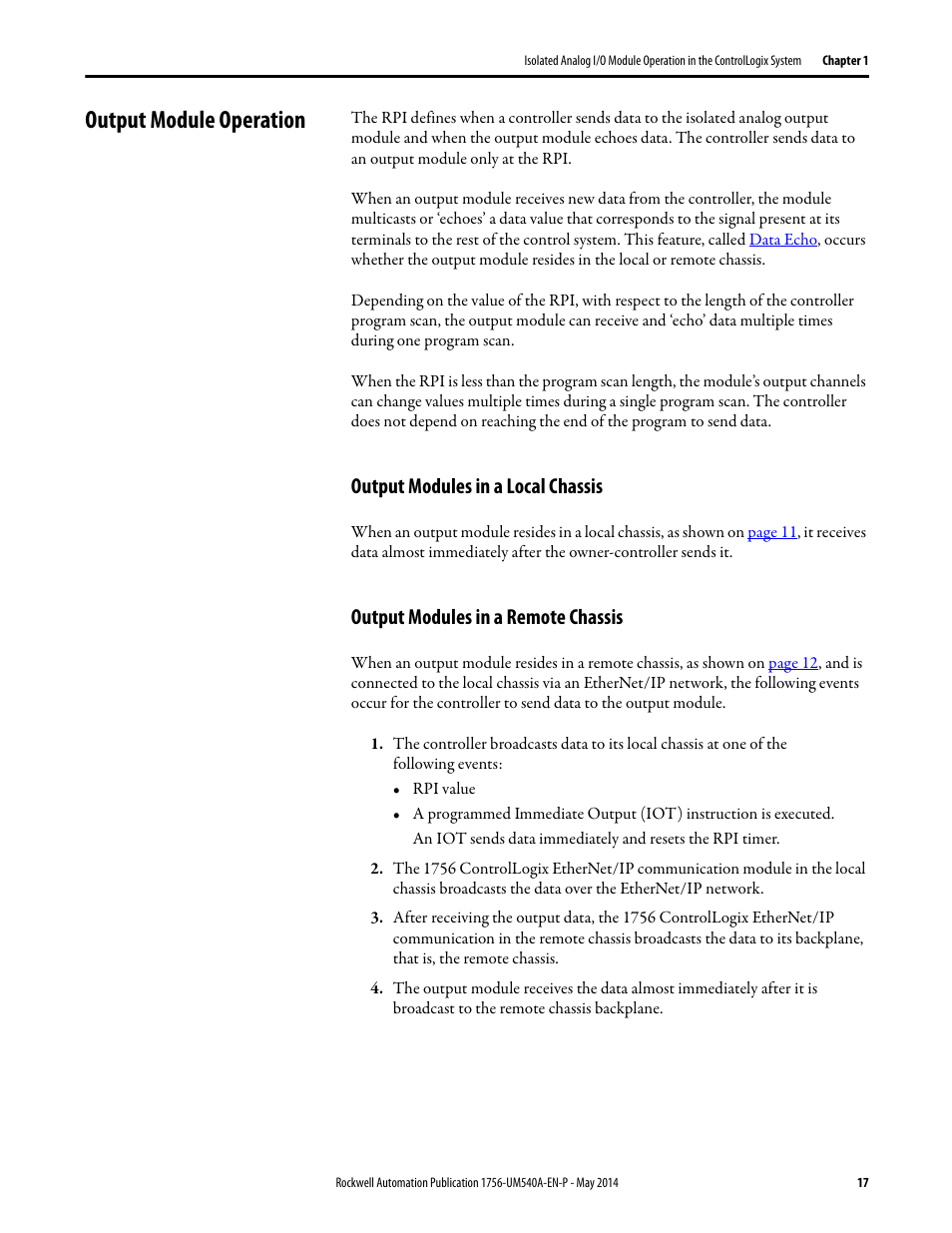 Output module operation, Output modules in a local chassis, Output modules in a remote chassis | Rockwell Automation 1756-OF8I ControlLogix Eight-channel Isolated Analog I/O Modules  User Manual | Page 17 / 208