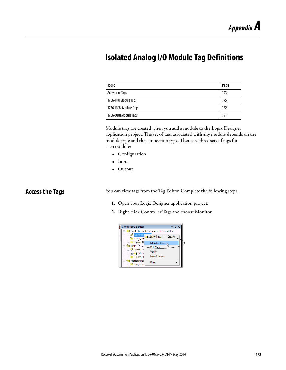 A - isolated analog i/o module tag definitions, Access the tags, Appendix a | Isolated analog i/o module tag definitions, See appendix a, Isolated analog i/o, E appendix a, Appendix | Rockwell Automation 1756-OF8I ControlLogix Eight-channel Isolated Analog I/O Modules  User Manual | Page 173 / 208