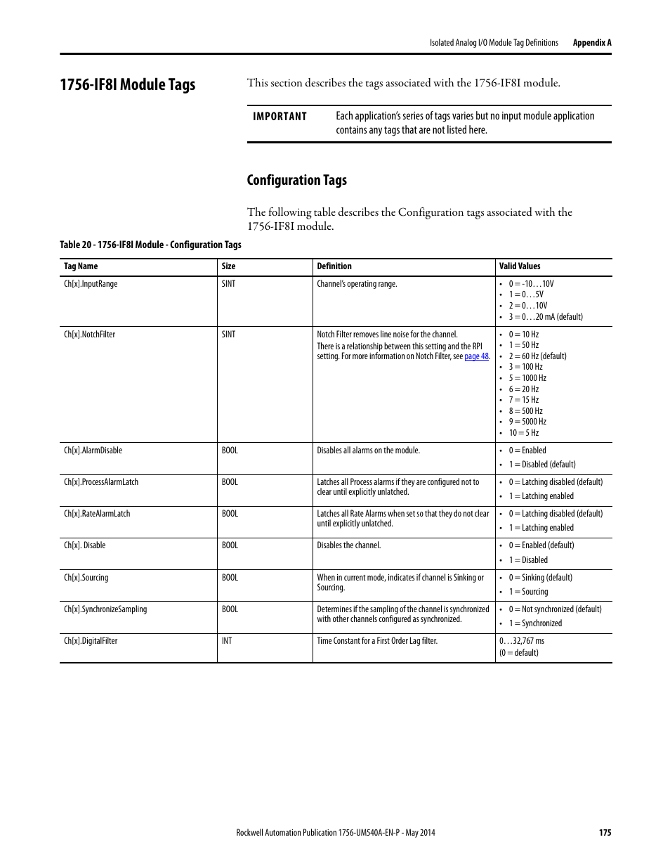 1756-if8i module tags, Configuration tags | Rockwell Automation 1756-OF8I ControlLogix Eight-channel Isolated Analog I/O Modules  User Manual | Page 175 / 208