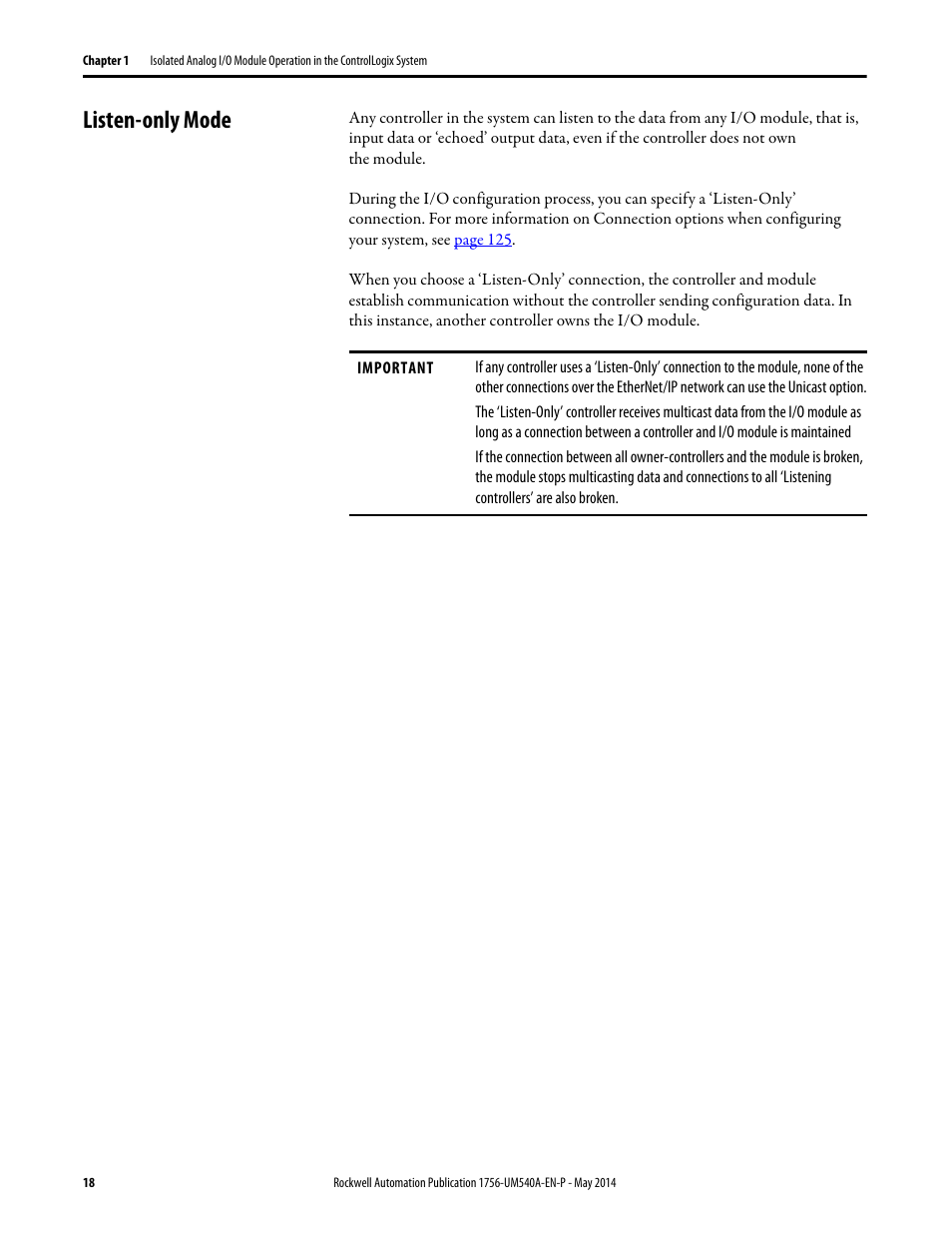 Listen-only mode | Rockwell Automation 1756-OF8I ControlLogix Eight-channel Isolated Analog I/O Modules  User Manual | Page 18 / 208