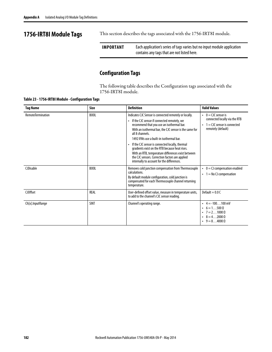 1756-irt8i module tags, Configuration tags | Rockwell Automation 1756-OF8I ControlLogix Eight-channel Isolated Analog I/O Modules  User Manual | Page 182 / 208