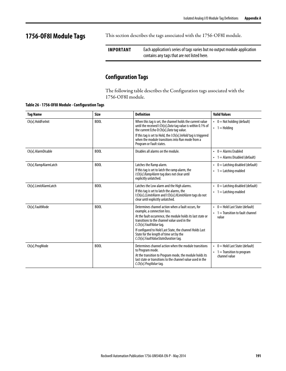 1756-of8i module tags, Configuration tags | Rockwell Automation 1756-OF8I ControlLogix Eight-channel Isolated Analog I/O Modules  User Manual | Page 191 / 208