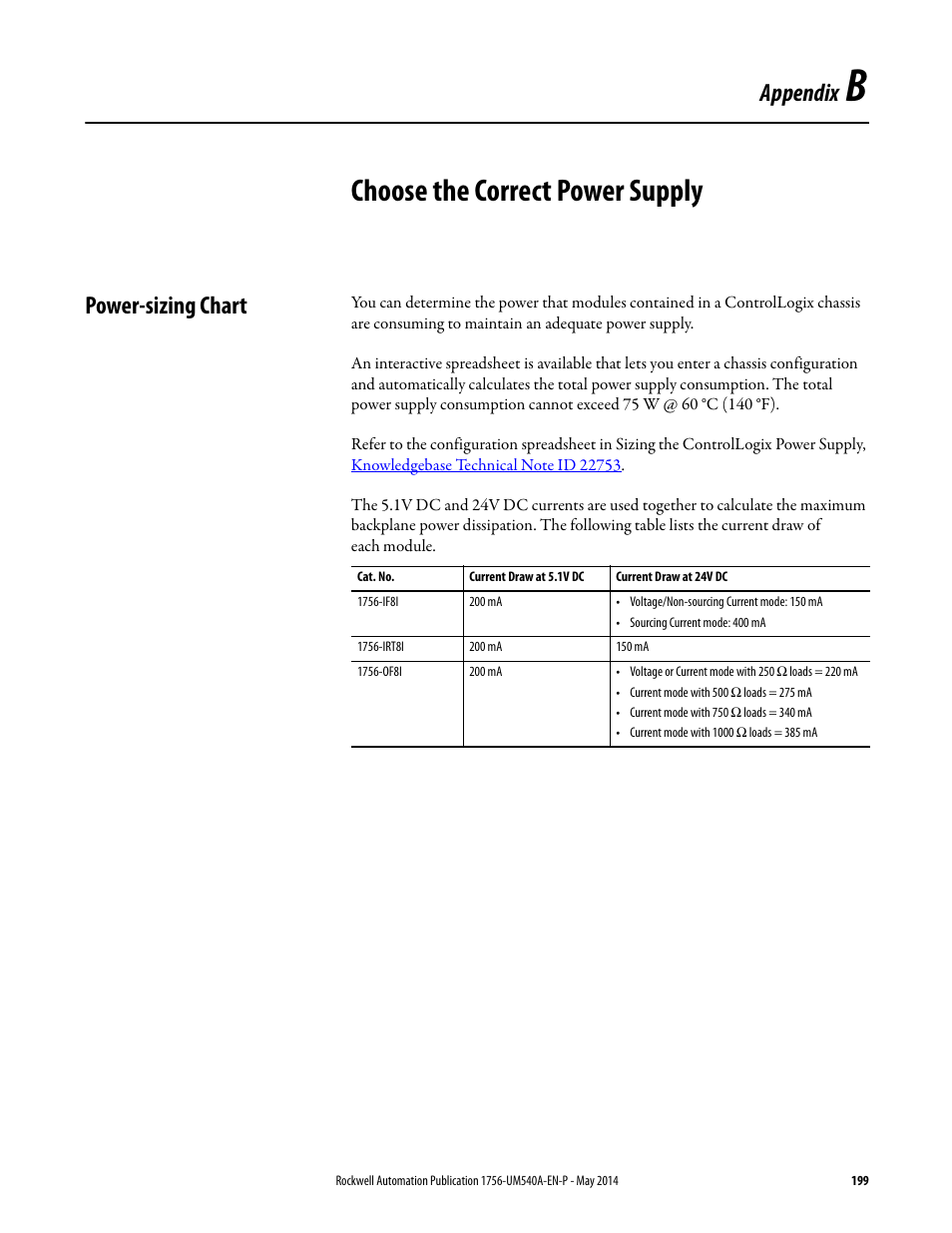 B - choose the correct power supply, Power-sizing chart, Appendix b | Choose the correct power supply, Appendix | Rockwell Automation 1756-OF8I ControlLogix Eight-channel Isolated Analog I/O Modules  User Manual | Page 199 / 208