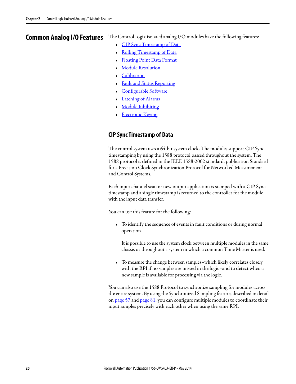 Common analog i/o features, Cip sync timestamp of data | Rockwell Automation 1756-OF8I ControlLogix Eight-channel Isolated Analog I/O Modules  User Manual | Page 20 / 208
