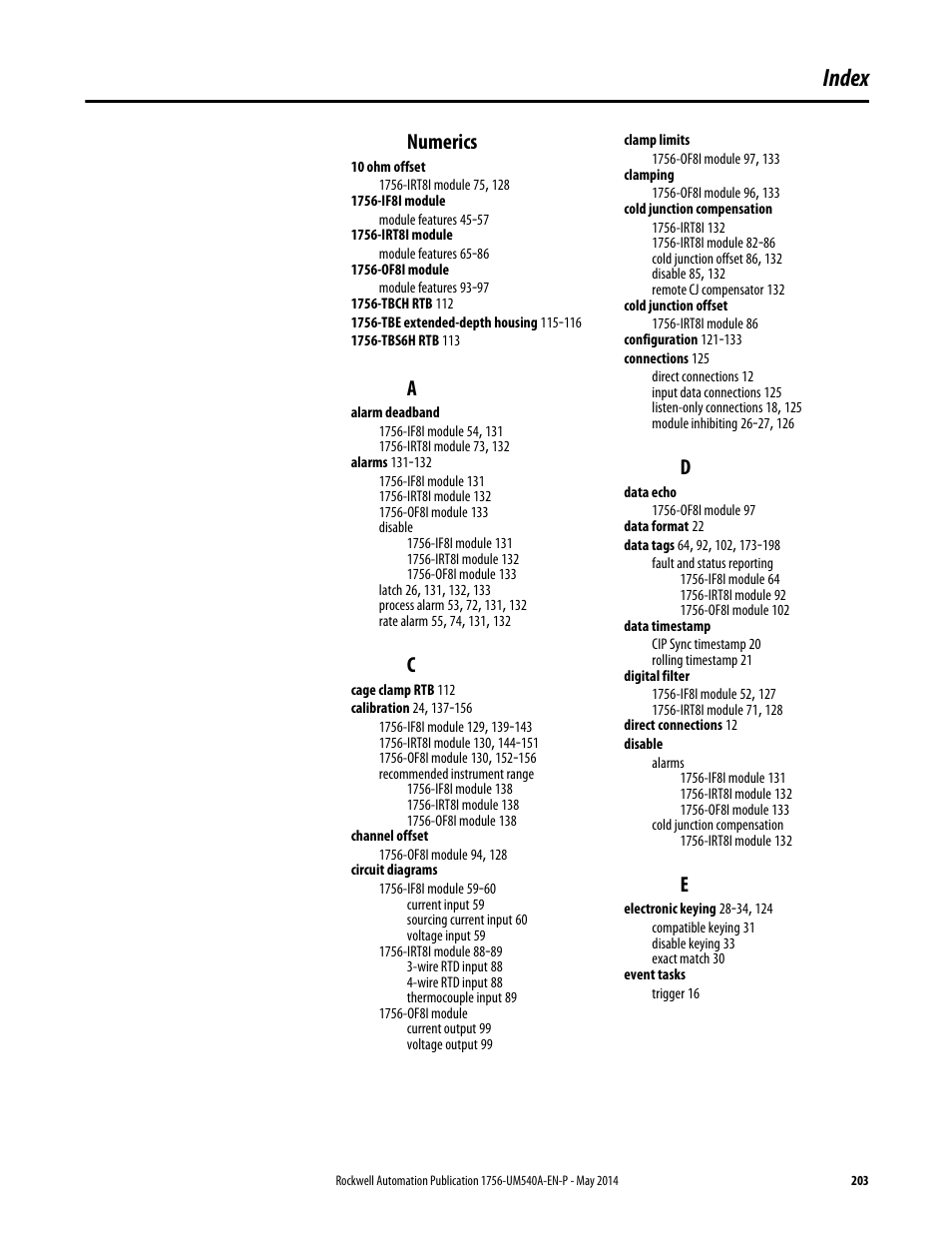 Index, Numerics | Rockwell Automation 1756-OF8I ControlLogix Eight-channel Isolated Analog I/O Modules  User Manual | Page 203 / 208