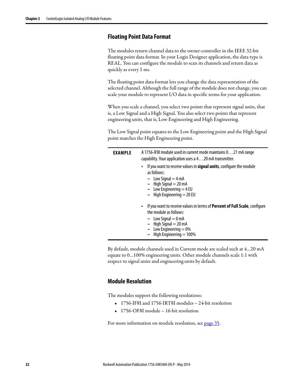Floating point data format, Module resolution, Floating point data format module resolution | Rockwell Automation 1756-OF8I ControlLogix Eight-channel Isolated Analog I/O Modules  User Manual | Page 22 / 208