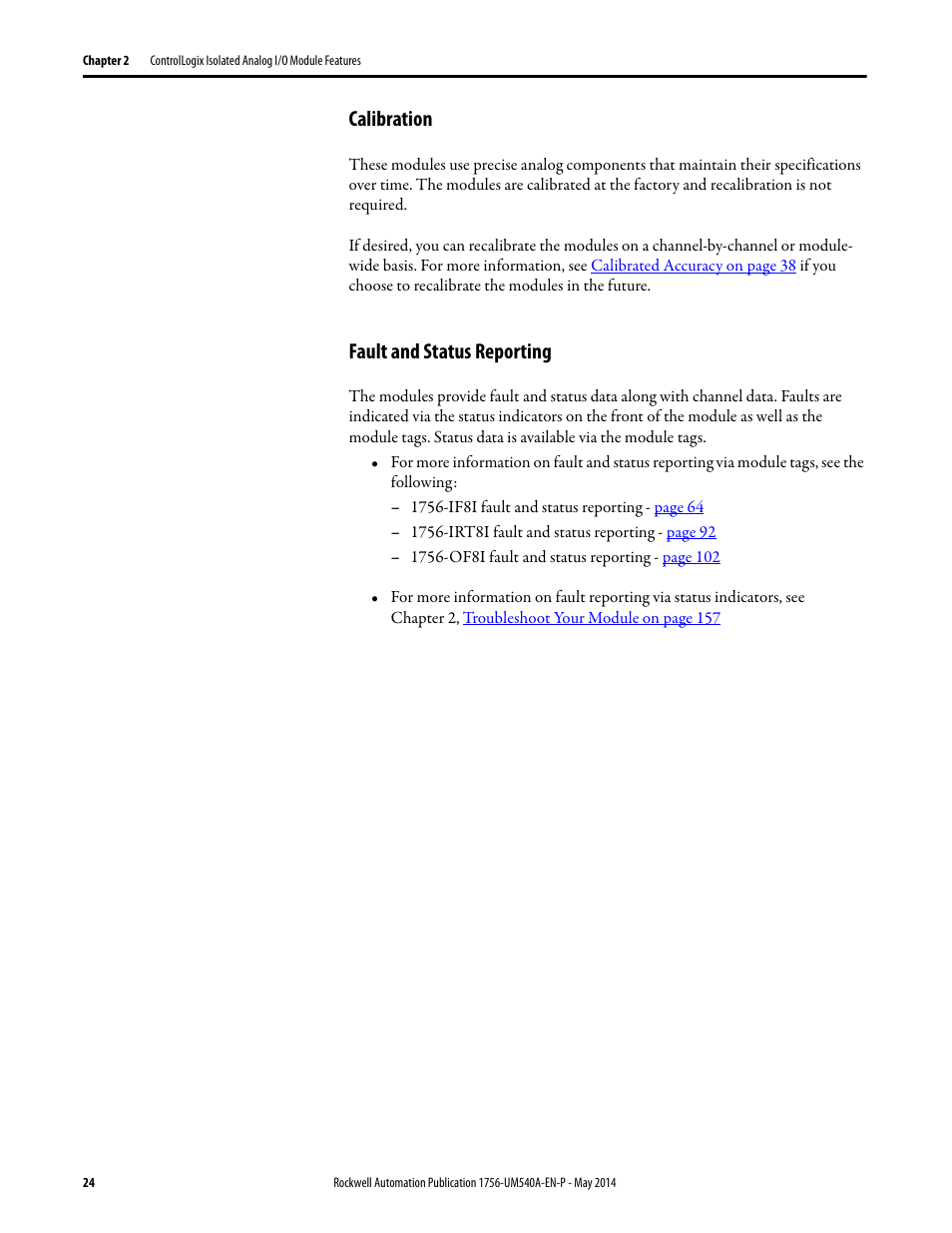 Calibration, Fault and status reporting, Calibration fault and status reporting | Rockwell Automation 1756-OF8I ControlLogix Eight-channel Isolated Analog I/O Modules  User Manual | Page 24 / 208