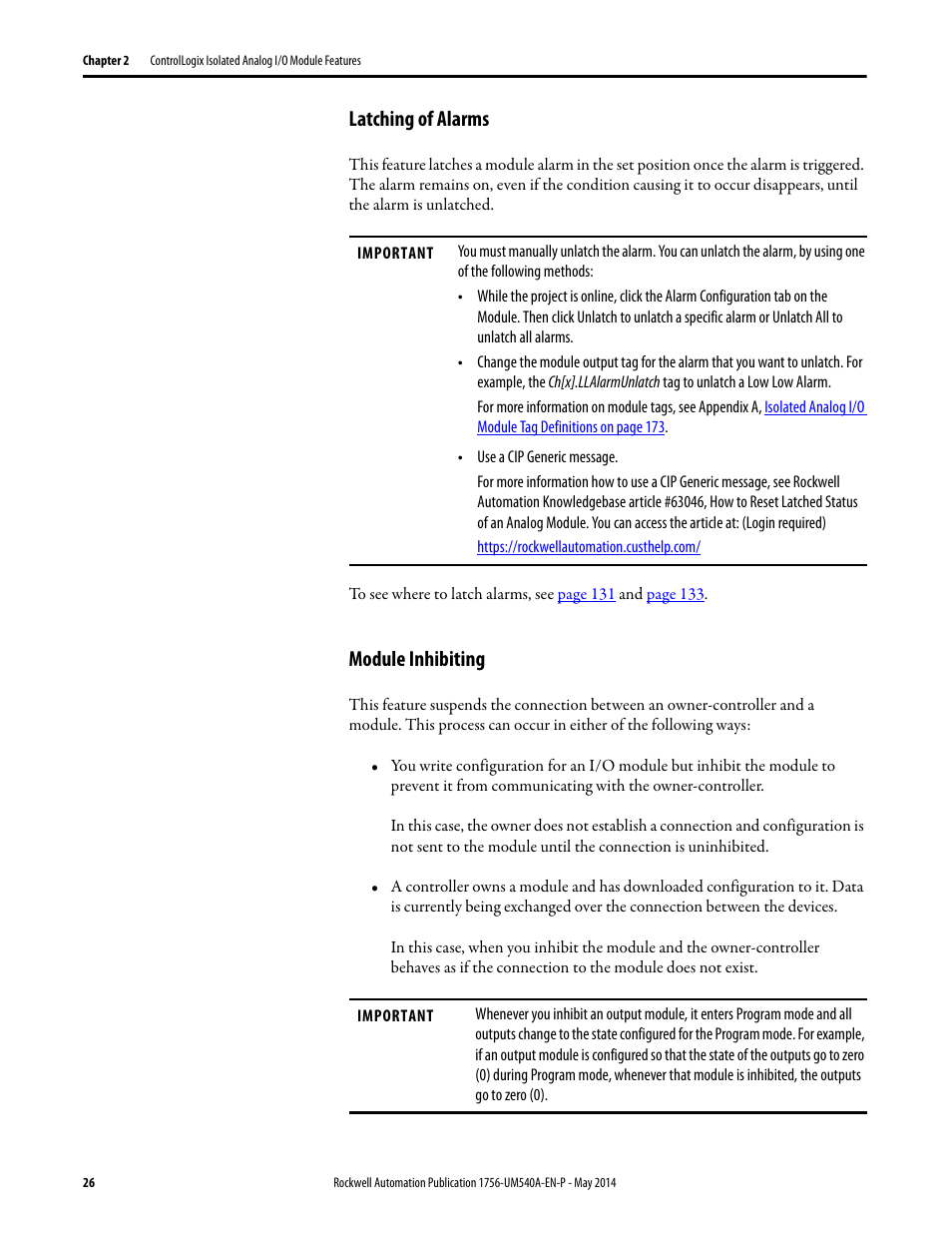 Latching of alarms, Module inhibiting, Latching of alarms module inhibiting | Rockwell Automation 1756-OF8I ControlLogix Eight-channel Isolated Analog I/O Modules  User Manual | Page 26 / 208