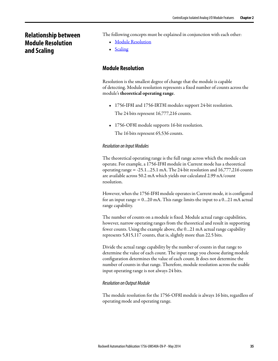 Relationship between module resolution and scaling, Module resolution | Rockwell Automation 1756-OF8I ControlLogix Eight-channel Isolated Analog I/O Modules  User Manual | Page 35 / 208