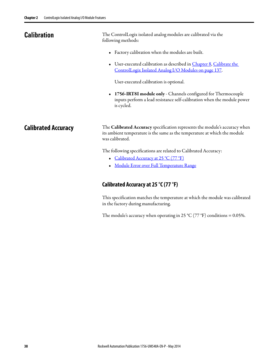 Calibration, Calibrated accuracy, Calibrated accuracy at 25 °c (77 °f) | Calibration calibrated accuracy | Rockwell Automation 1756-OF8I ControlLogix Eight-channel Isolated Analog I/O Modules  User Manual | Page 38 / 208