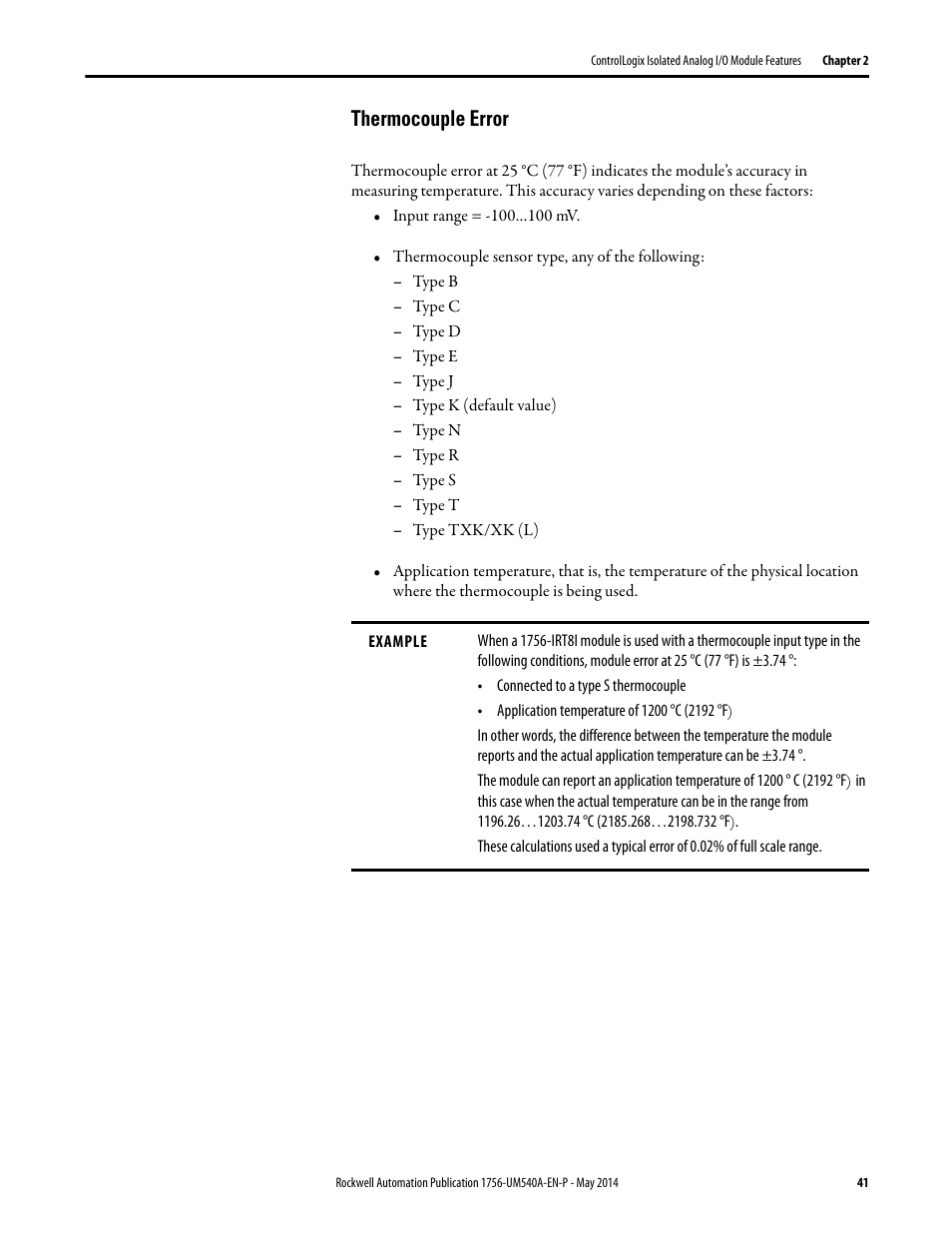 Thermocouple error | Rockwell Automation 1756-OF8I ControlLogix Eight-channel Isolated Analog I/O Modules  User Manual | Page 41 / 208