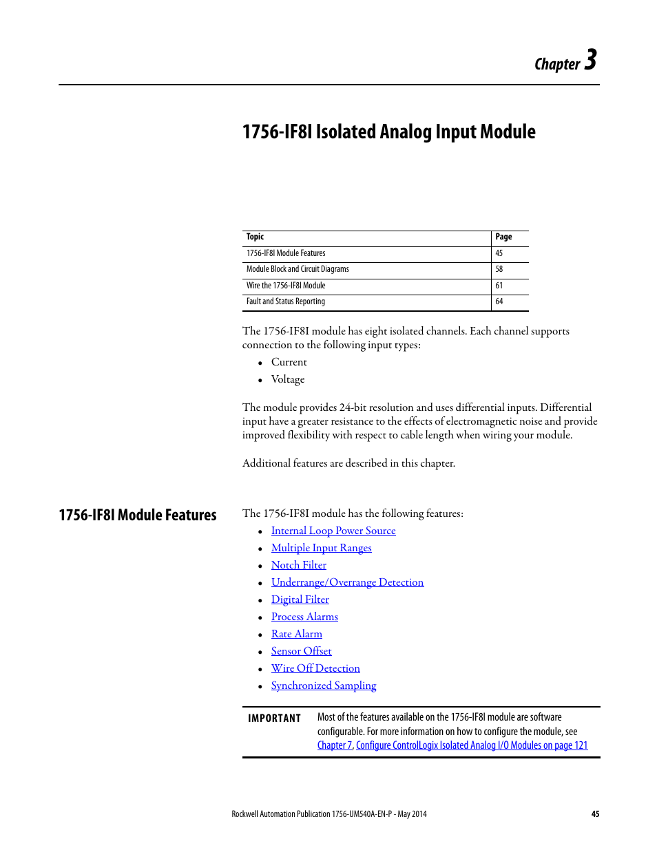 3 - 1756-if8i isolated analog input module, 1756-if8i module features, Chapter 3 | 1756-if8i isolated analog input module, Chapter | Rockwell Automation 1756-OF8I ControlLogix Eight-channel Isolated Analog I/O Modules  User Manual | Page 45 / 208