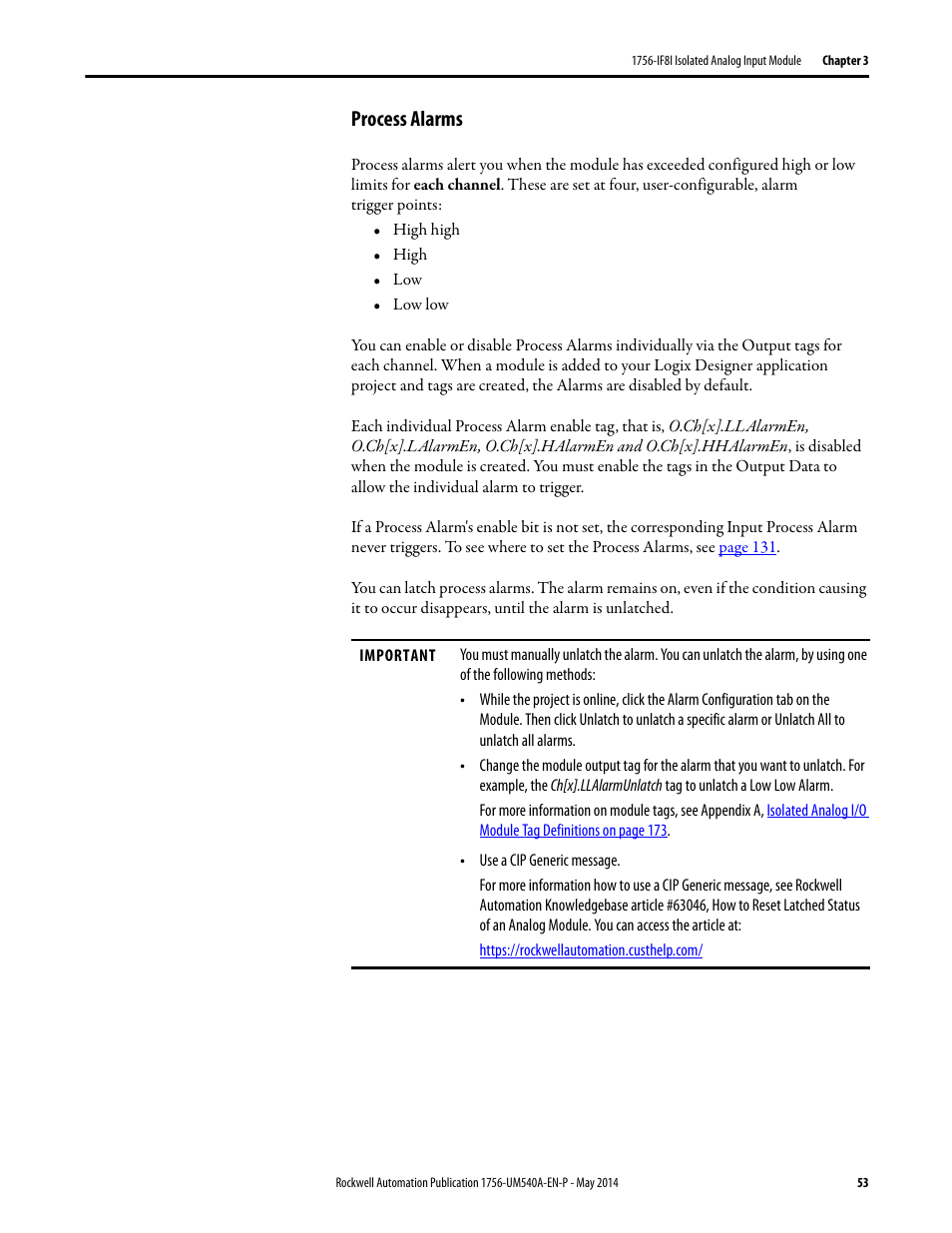 Process alarms | Rockwell Automation 1756-OF8I ControlLogix Eight-channel Isolated Analog I/O Modules  User Manual | Page 53 / 208