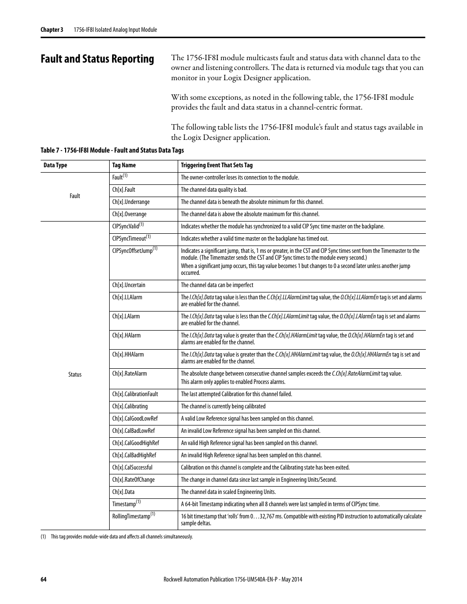 Fault and status reporting | Rockwell Automation 1756-OF8I ControlLogix Eight-channel Isolated Analog I/O Modules  User Manual | Page 64 / 208