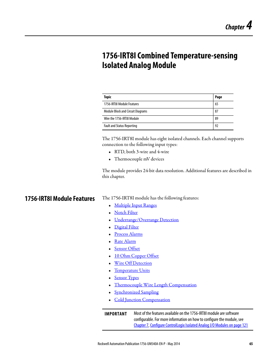 1756-irt8i module features, Chapter 4, Chapter | Rockwell Automation 1756-OF8I ControlLogix Eight-channel Isolated Analog I/O Modules  User Manual | Page 65 / 208
