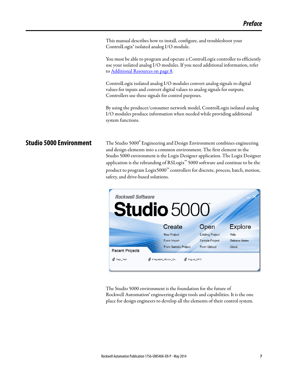 Preface, Studio 5000 environment | Rockwell Automation 1756-OF8I ControlLogix Eight-channel Isolated Analog I/O Modules  User Manual | Page 7 / 208