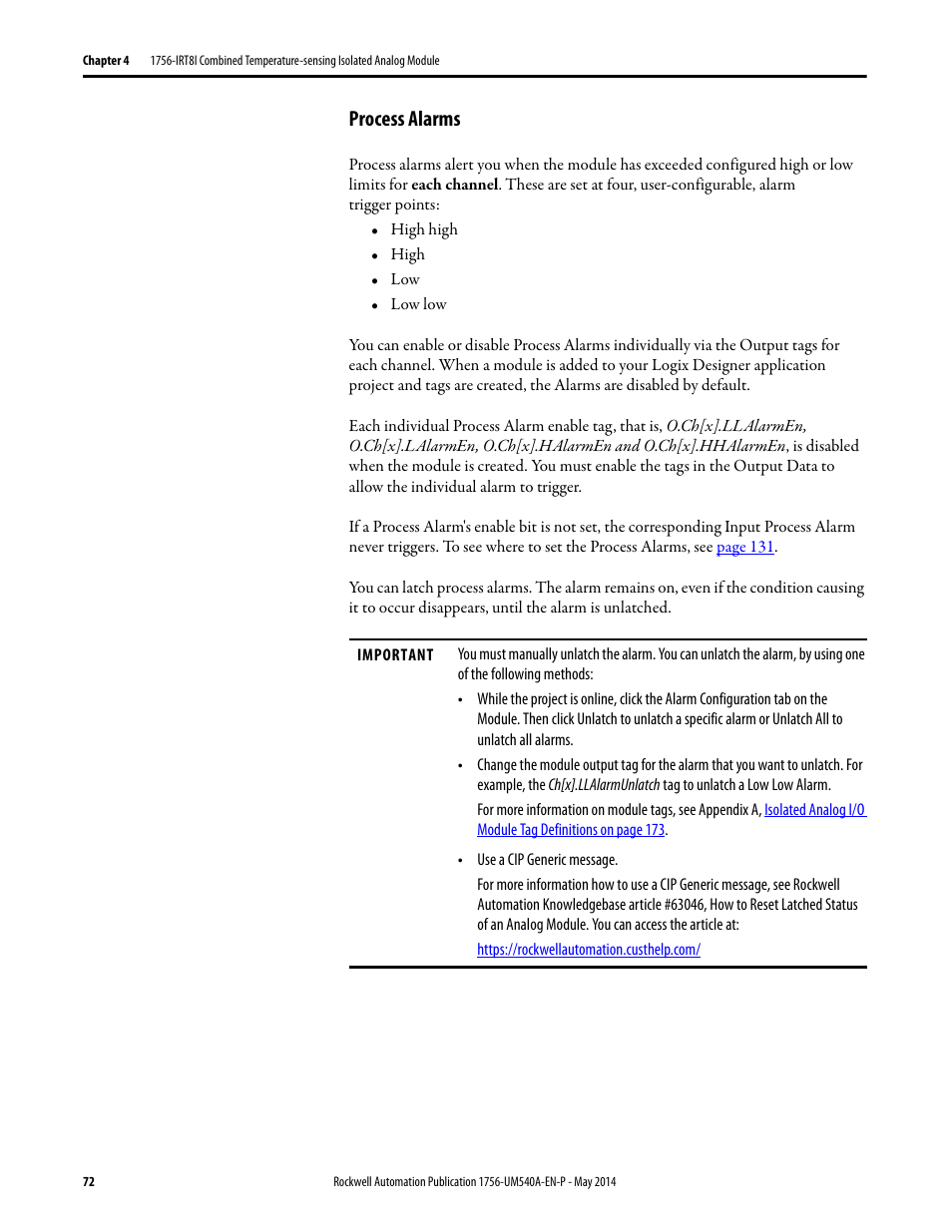 Process alarms | Rockwell Automation 1756-OF8I ControlLogix Eight-channel Isolated Analog I/O Modules  User Manual | Page 72 / 208