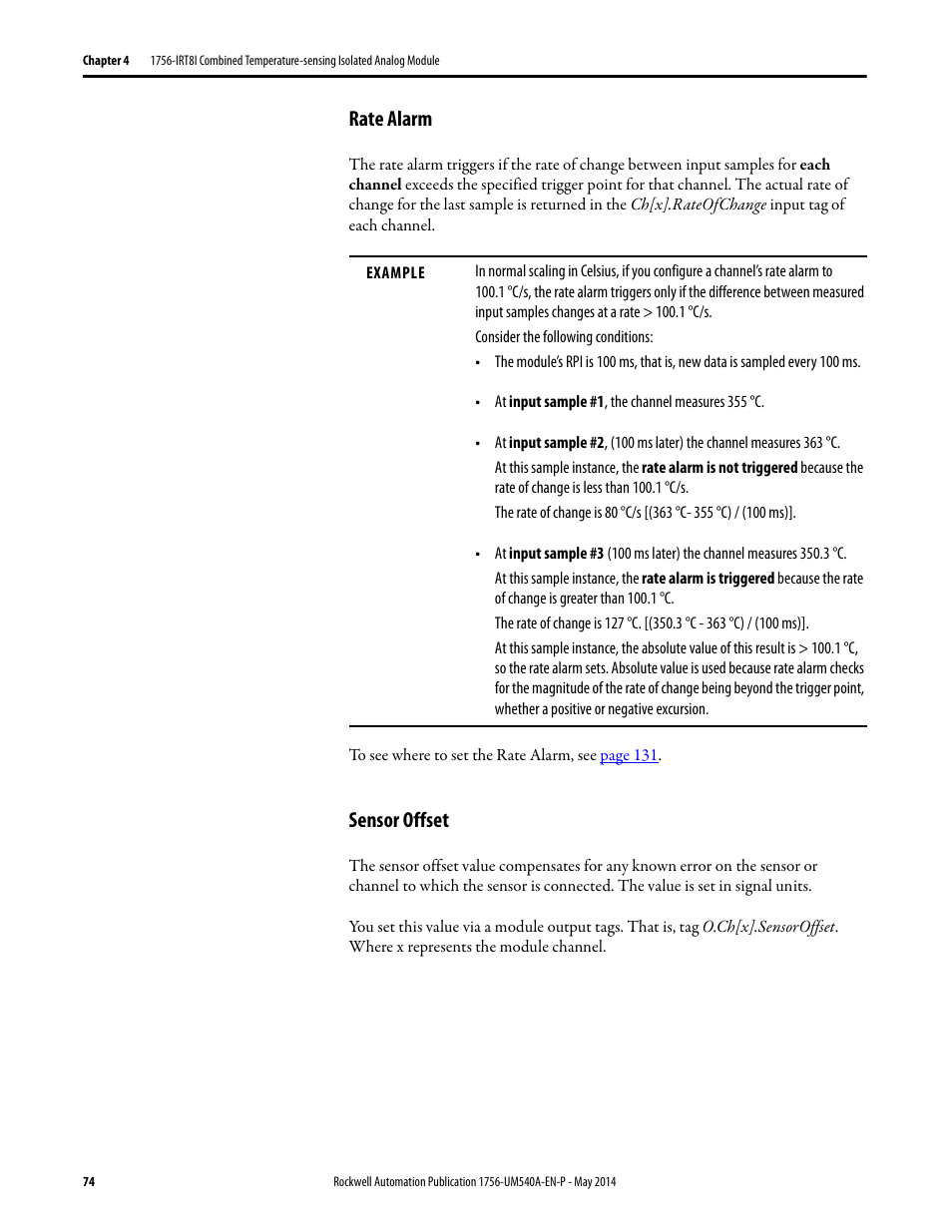 Rate alarm, Sensor offset, Rate alarm sensor offset | Rockwell Automation 1756-OF8I ControlLogix Eight-channel Isolated Analog I/O Modules  User Manual | Page 74 / 208